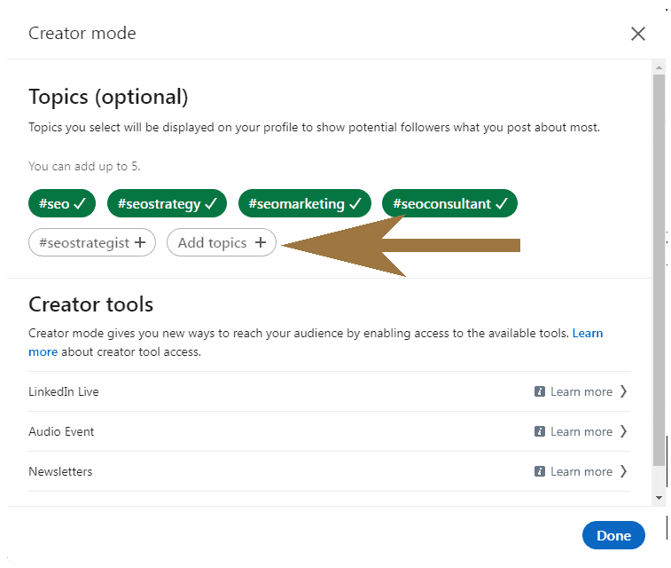 Click on Add Topics in LinkedIn