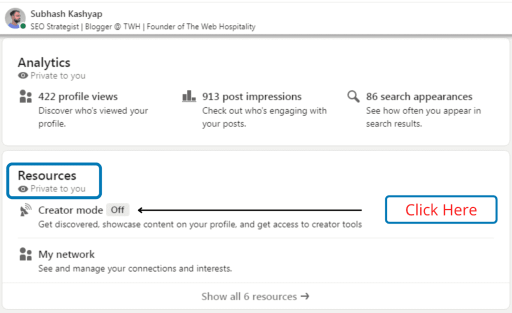Click on Creator Mode to Add Talks About in LinkedIn