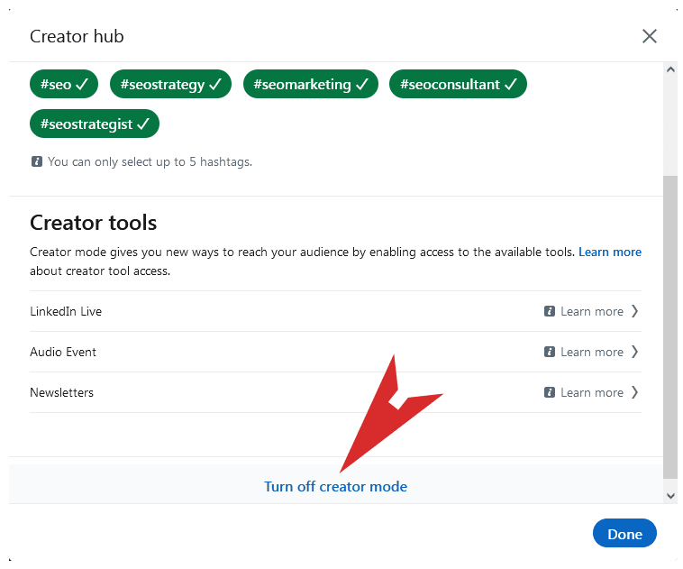 Remove the hashtags and click on Turn off Creator Mode