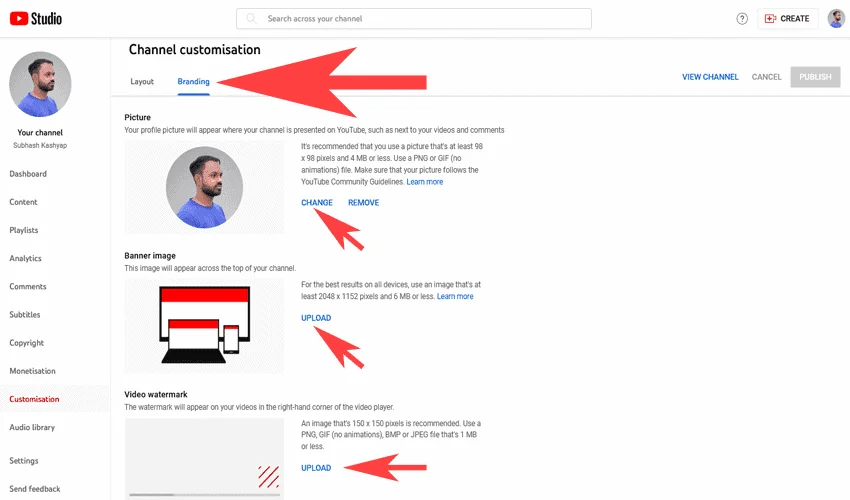 Settings for YouTube Channel Branding